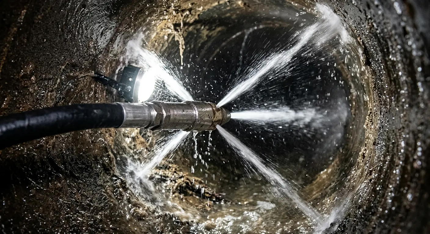 High-pressure hydro jetting nozzle cleaning sewer pipe for Storm Drain Cleaning in Nantucket