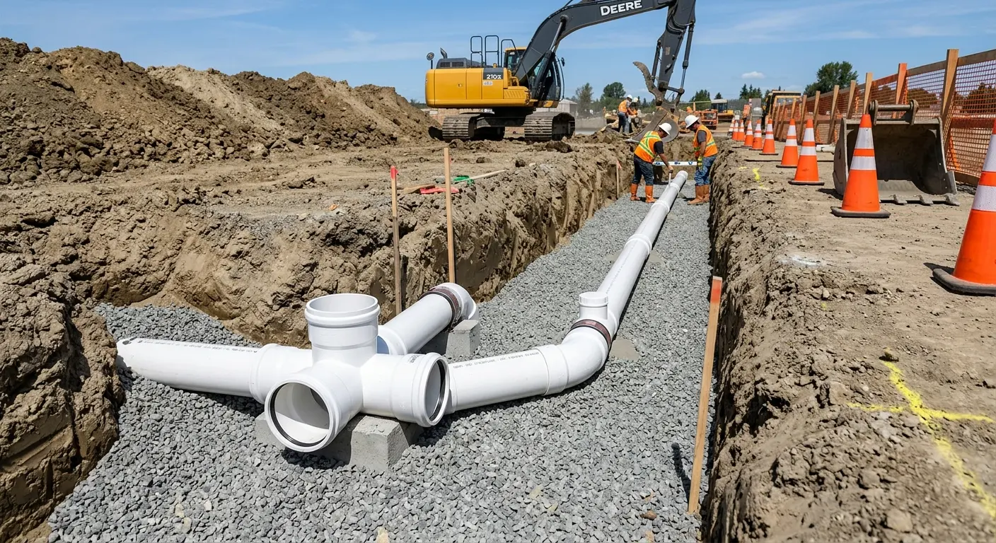 New PVC sewer pipe installation in open trench for Commercial Drain Cleaning in Nantucket