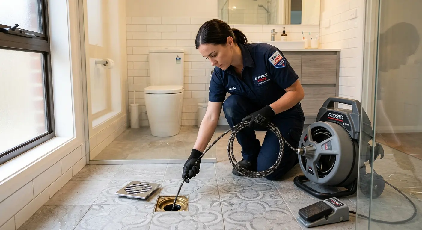Technician clearing a bathroom floor drain for Sewer Line Installation in Nantucket